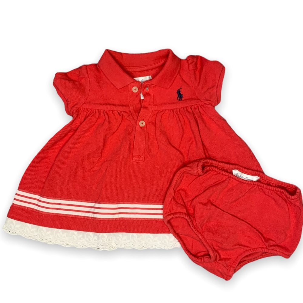 Ralph Lauren Baby Girls Melon Red Dress w/ White Eyelet Trim Size 3 Months